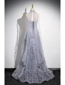 Dreamy Grey Sparkly Sequined Aline Prom Dress With Tulle Sleeves