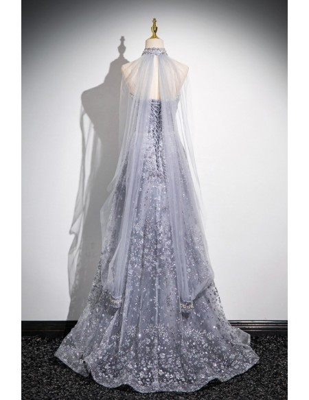 Dreamy Grey Sparkly Sequined Aline Prom Dress With Tulle Sleeves