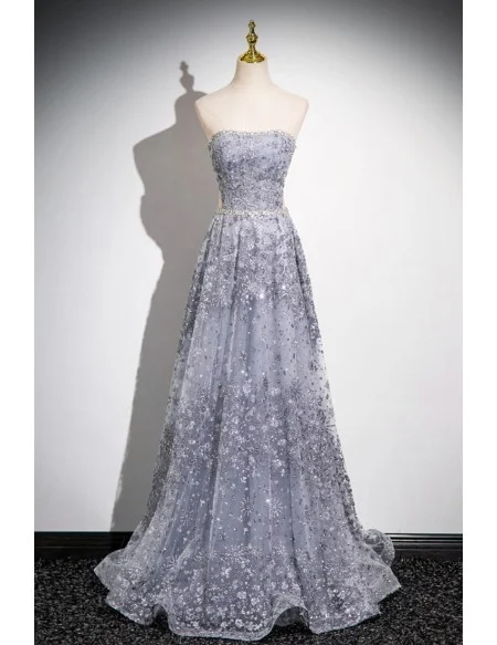 Dreamy Grey Sparkly Sequined Aline Prom Dress With Tulle Sleeves