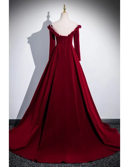 Elegant Formal Long Sleeved Burgundy Velvet Prom Dress With Pearls Neckline