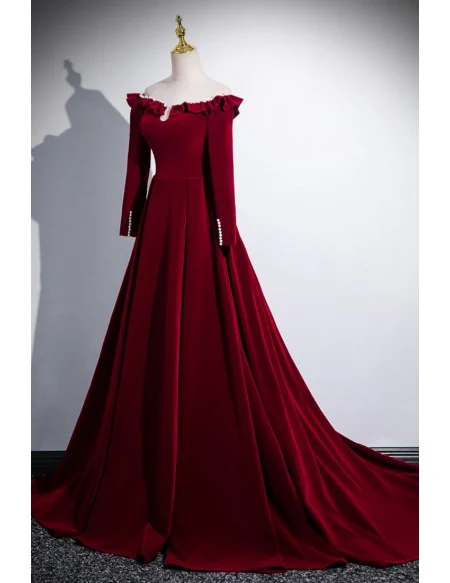Elegant Formal Long Sleeved Burgundy Velvet Prom Dress With Pearls Neckline