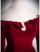Elegant Formal Long Sleeved Burgundy Velvet Prom Dress With Pearls Neckline
