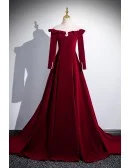 Elegant Formal Long Sleeved Burgundy Velvet Prom Dress With Pearls Neckline