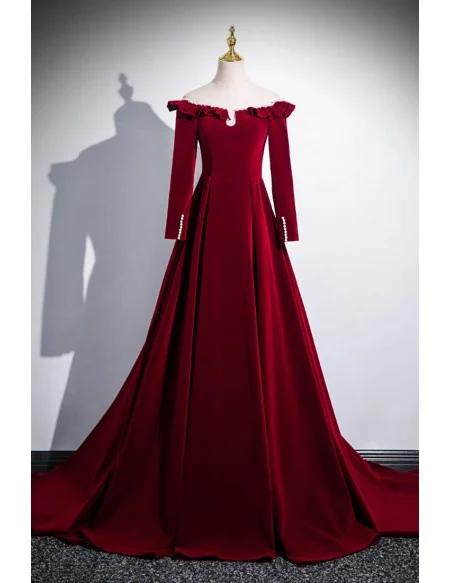 Elegant Formal Long Sleeved Burgundy Velvet Prom Dress With Pearls Neckline