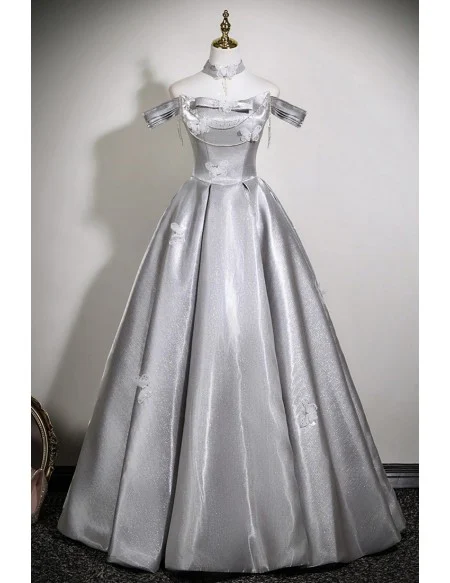 Metallic Silver Grey Unique Prom Dress With Lovely Butterflies