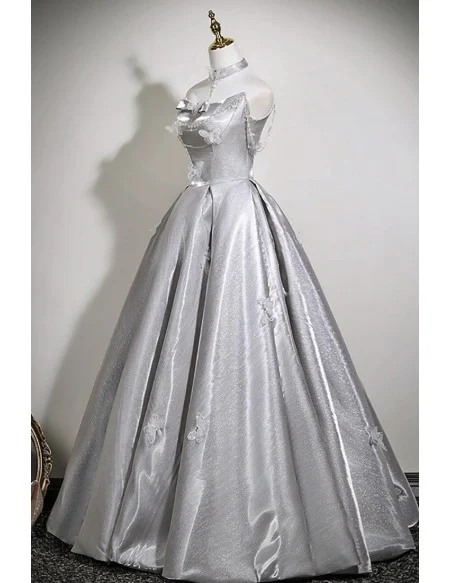 Metallic Silver Grey Unique Prom Dress With Lovely Butterflies