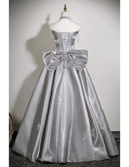 Metallic Silver Grey Unique Prom Dress With Lovely Butterflies