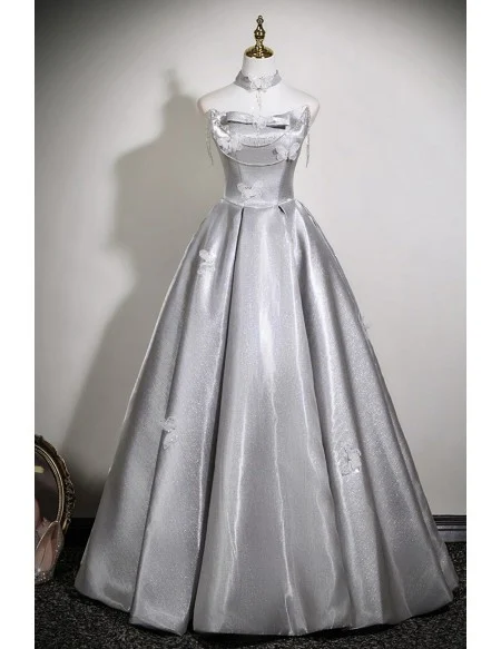 Metallic Silver Grey Unique Prom Dress With Lovely Butterflies