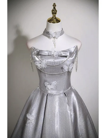 Metallic Silver Grey Unique Prom Dress With Lovely Butterflies