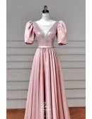 Gorgeous Illusion Vneck Sequined And Satin Pink Prom Dress With Bubble Sleeves