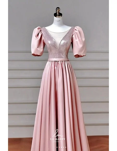 Gorgeous Illusion Vneck Sequined And Satin Pink Prom Dress With Bubble Sleeves