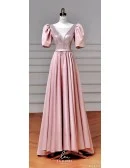 Gorgeous Illusion Vneck Sequined And Satin Pink Prom Dress With Bubble Sleeves