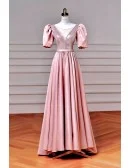 Gorgeous Illusion Vneck Sequined And Satin Pink Prom Dress With Bubble Sleeves