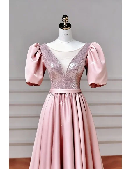 Gorgeous Illusion Vneck Sequined And Satin Pink Prom Dress With Bubble Sleeves