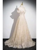 Champagne Off Shoulder Sequined Long Prom Dress With Train