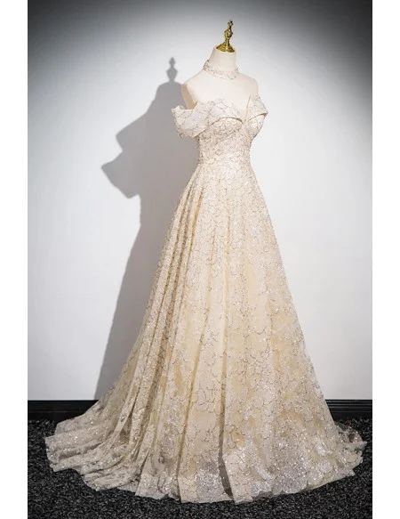Champagne Off Shoulder Sequined Long Prom Dress With Train