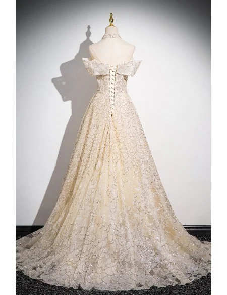 Champagne Off Shoulder Sequined Long Prom Dress With Train