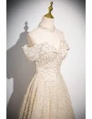 Champagne Off Shoulder Sequined Long Prom Dress With Train
