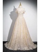 Champagne Off Shoulder Sequined Long Prom Dress With Train