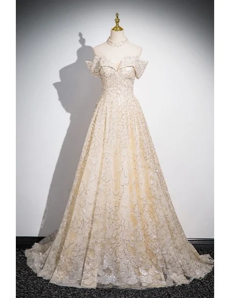 Champagne Off Shoulder Sequined Long Prom Dress With Train