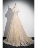 Champagne Off Shoulder Sequined Long Prom Dress With Train