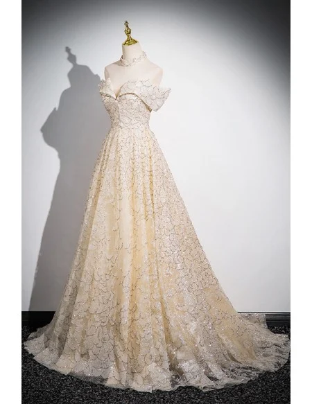 Champagne Off Shoulder Sequined Long Prom Dress With Train