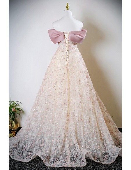 Beautiful Flowers Long Pink Off Shoulder Prom Dress With Sequins