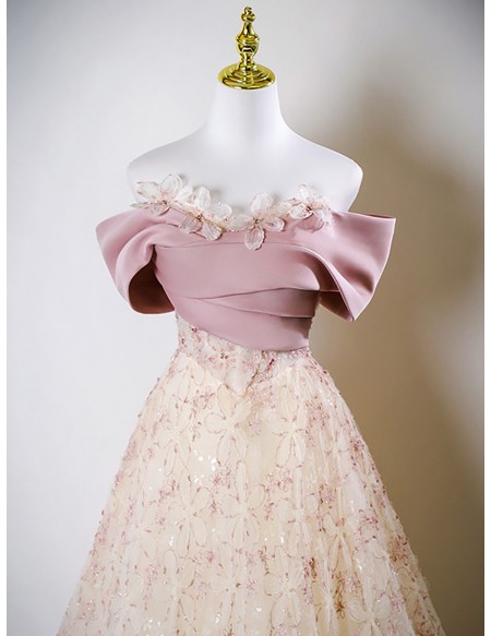Beautiful Flowers Long Pink Off Shoulder Prom Dress With Sequins