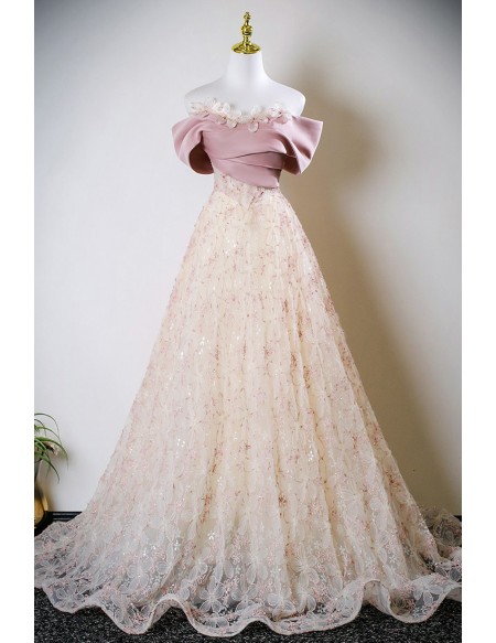 Beautiful Flowers Long Pink Off Shoulder Prom Dress With Sequins