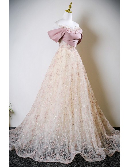 Beautiful Flowers Long Pink Off Shoulder Prom Dress With Sequins