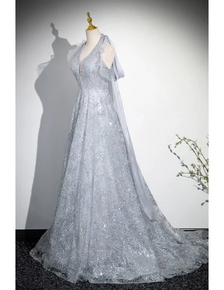 Silver Sequined Long Halter Party Prom Dress With Big Bow