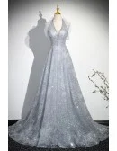 Silver Sequined Long Halter Party Prom Dress With Big Bow
