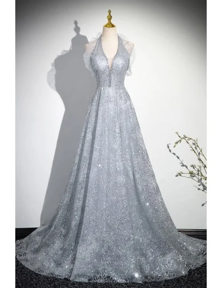 Silver Sequined Long Halter Party Prom Dress With Big Bow