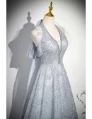 Silver Sequined Long Halter Party Prom Dress With Big Bow