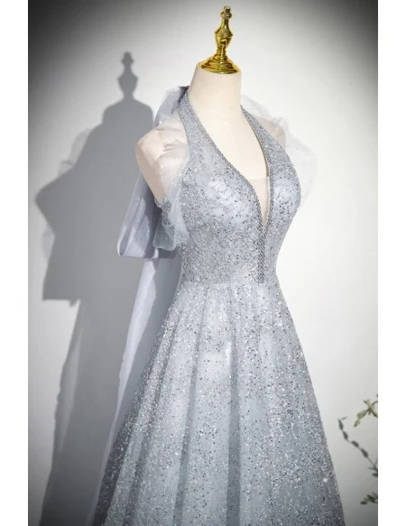 Silver Sequined Long Halter Party Prom Dress With Big Bow