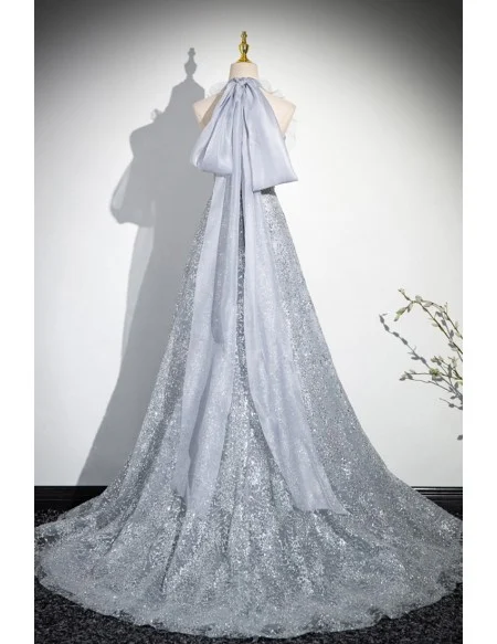 Silver Sequined Long Halter Party Prom Dress With Big Bow