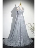 Silver Sequined Long Halter Party Prom Dress With Big Bow