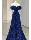 Gorgeous Royal Blue Sequined Off Shoulder Long Prom Dress For Formal