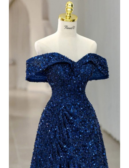Gorgeous Royal Blue Sequined Off Shoulder Long Prom Dress For Formal