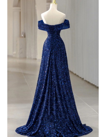 Gorgeous Royal Blue Sequined Off Shoulder Long Prom Dress For Formal
