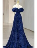 Gorgeous Royal Blue Sequined Off Shoulder Long Prom Dress For Formal