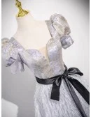 Metallic Silver Bubble Sleeved Tassels Long Prom Dress With Sash