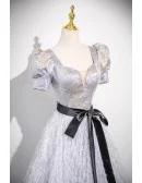 Metallic Silver Bubble Sleeved Tassels Long Prom Dress With Sash