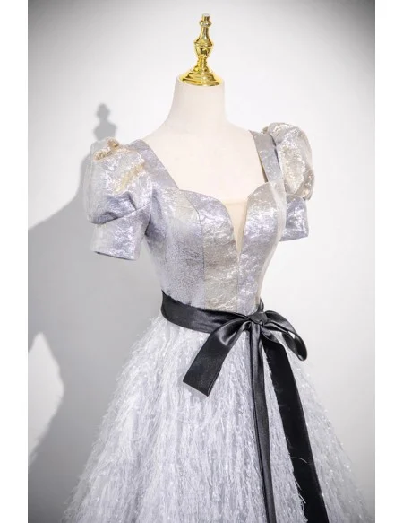 Metallic Silver Bubble Sleeved Tassels Long Prom Dress With Sash
