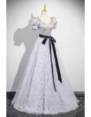 Metallic Silver Bubble Sleeved Tassels Long Prom Dress With Sash