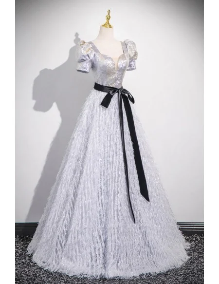Metallic Silver Bubble Sleeved Tassels Long Prom Dress With Sash