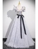 Metallic Silver Bubble Sleeved Tassels Long Prom Dress With Sash