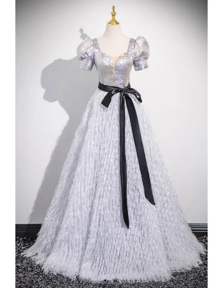 Metallic Silver Bubble Sleeved Tassels Long Prom Dress With Sash