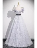 Metallic Silver Bubble Sleeved Tassels Long Prom Dress With Sash