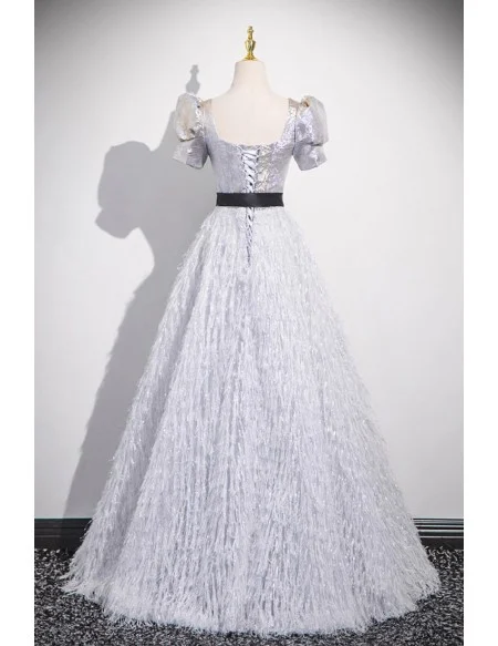 Metallic Silver Bubble Sleeved Tassels Long Prom Dress With Sash